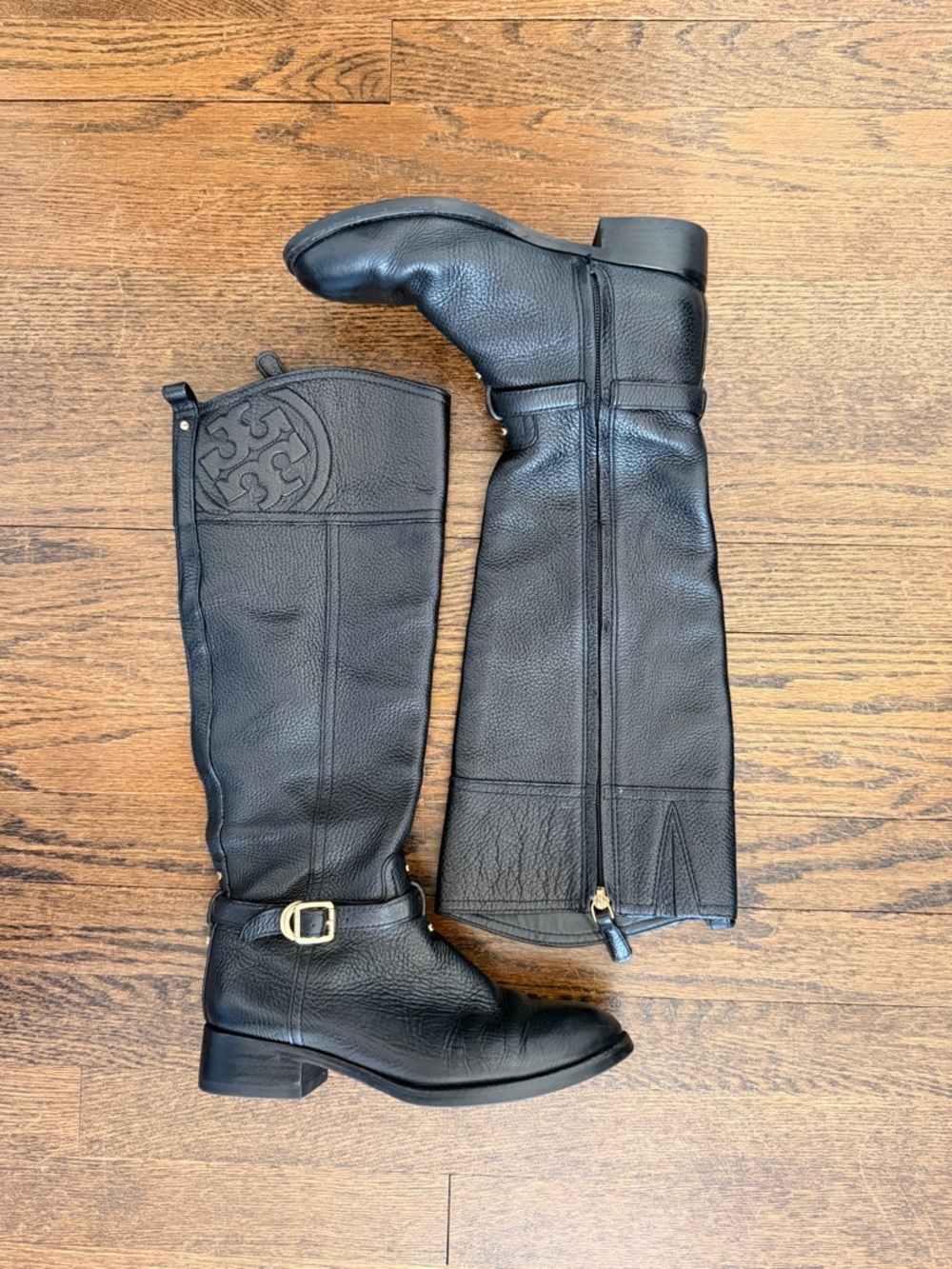 Tory Burch Black Leather Knee-High Riding Boots with Gold Buckle